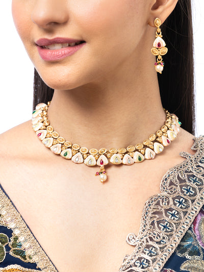 Sukkhi Classic-Inspired Kundan Studded with Meenark Work Gold Plated Choker Necklace With Dangle Earring Jewellery For Women|NS106977