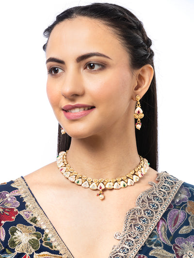 Sukkhi Classic-Inspired Kundan Studded with Meenark Work Gold Plated Choker Necklace With Dangle Earring Jewellery For Women|NS106977