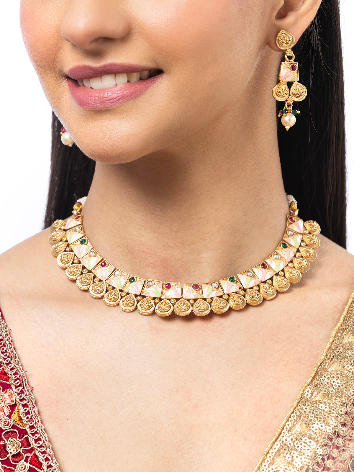 Sukkhi Trendy Fashionable Gold Plated Meenakari Work Red Green Stone Studded Choker Necklace With Dangle Earring Jewellery for Women|NS106978