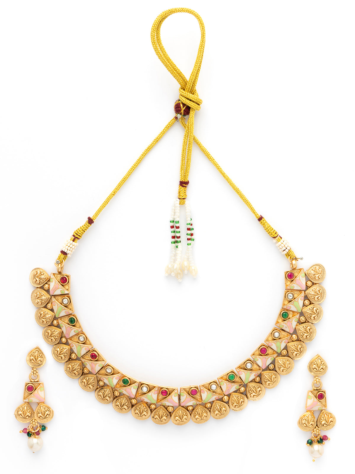 Sukkhi Trendy Fashionable Gold Plated Meenakari Work Red Green Stone Studded Choker Necklace With Dangle Earring Jewellery for Women|NS106978