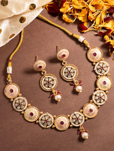 Sukkhi Charming Gold Plated Kundan Studded With Meenakari Work Round Choker Necklace Set with Dangle Earring Jewellery For Women|NS106979