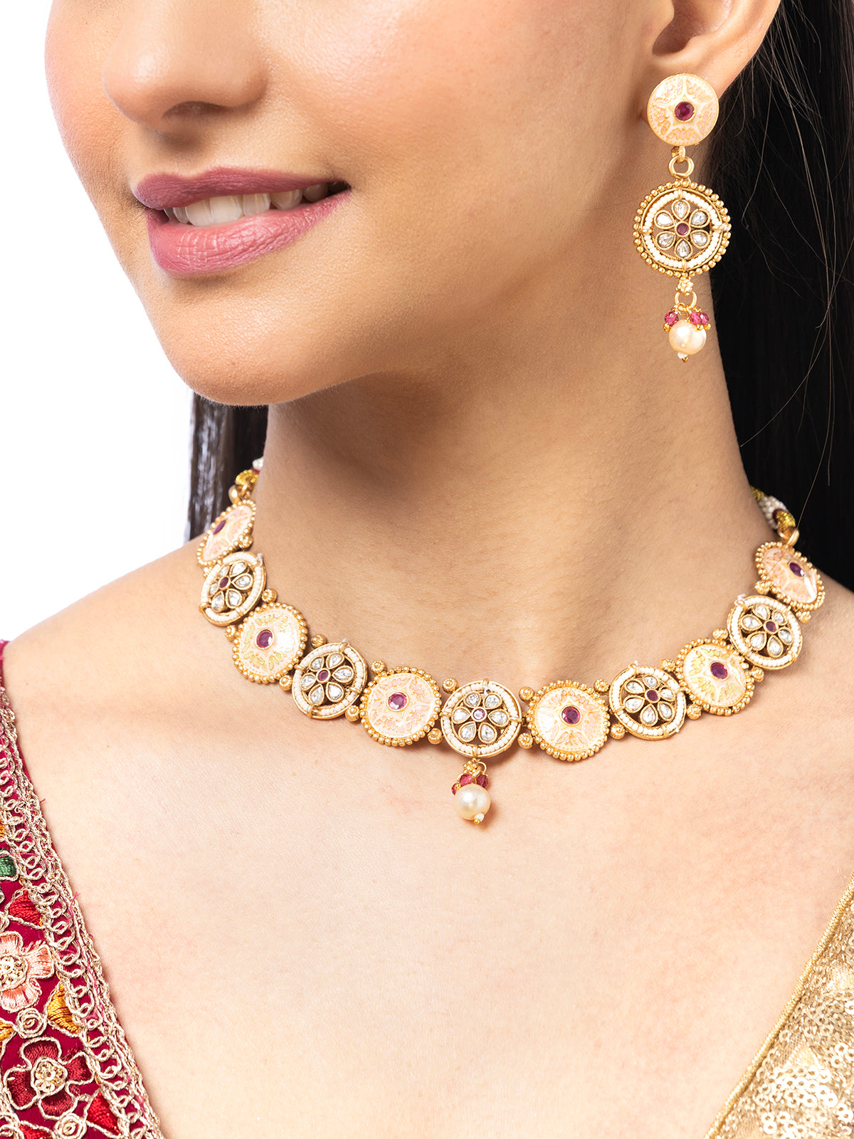 Sukkhi Charming Gold Plated Kundan Studded With Meenakari Work Round Choker Necklace Set with Dangle Earring Jewellery For Women|NS106979