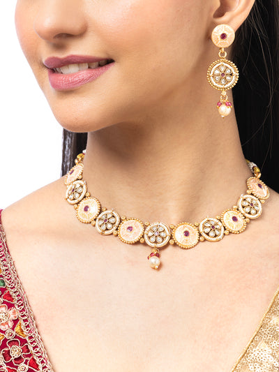 Sukkhi Charming Gold Plated Kundan Studded With Meenakari Work Round Choker Necklace Set with Dangle Earring Jewellery For Women|NS106979