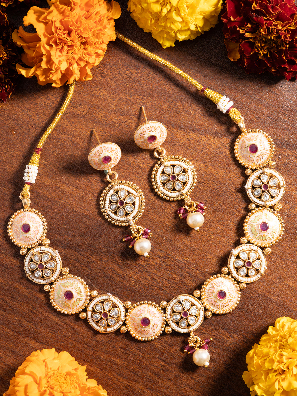 Sukkhi Charming Gold Plated Kundan Studded With Meenakari Work Round Choker Necklace Set with Dangle Earring Jewellery For Women|NS106979