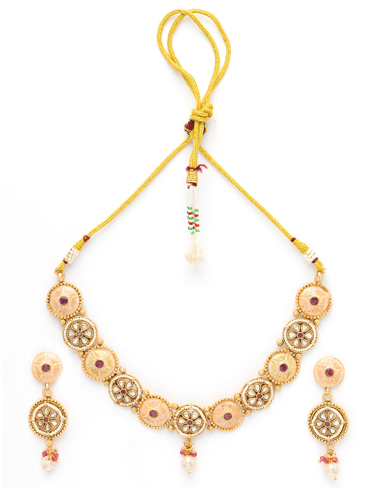 Sukkhi Charming Gold Plated Kundan Studded With Meenakari Work Round Choker Necklace Set with Dangle Earring Jewellery For Women|NS106979