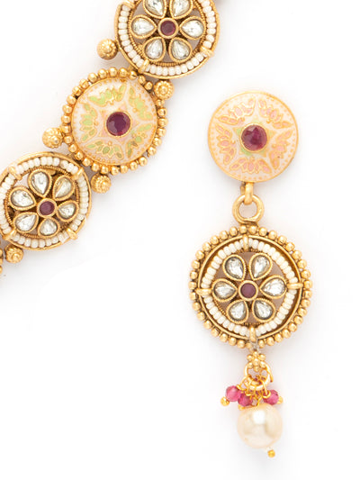 Sukkhi Charming Gold Plated Kundan Studded With Meenakari Work Round Choker Necklace Set with Dangle Earring Jewellery For Women|NS106979