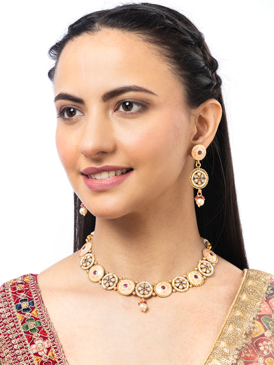 Sukkhi Charming Gold Plated Kundan Studded With Meenakari Work Round Choker Necklace Set with Dangle Earring Jewellery For Women|NS106979