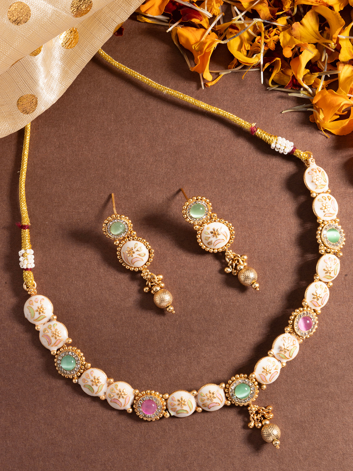 Sukkhi Stylish Gold Plated Meenakri with AD Stones Studded Choker Necklace & Dangle Earring Jewellery For Women|NS106980