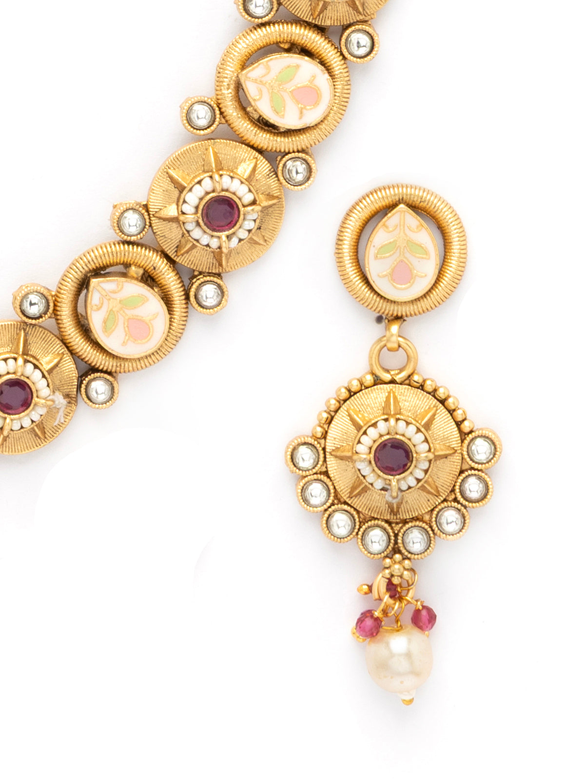 Sukkhi Festive Style Meenakari Work Gold Plated Red White Stones Choker Necklace Set with Dangle Earring Jewellery For Women|NS106981