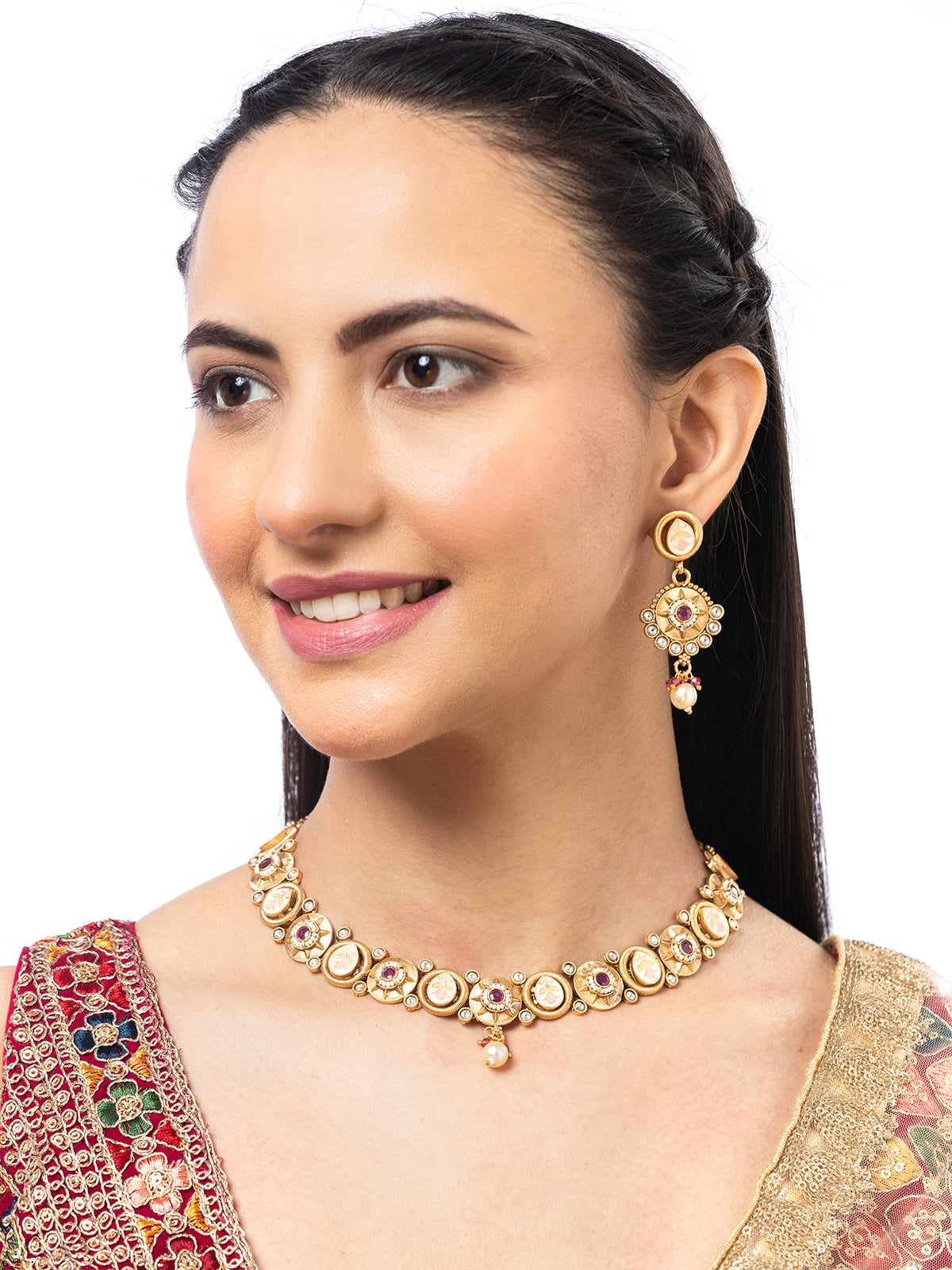 Sukkhi Festive Style Meenakari Work Gold Plated Red White Stones Choker Necklace Set with Dangle Earring Jewellery For Women|NS106981