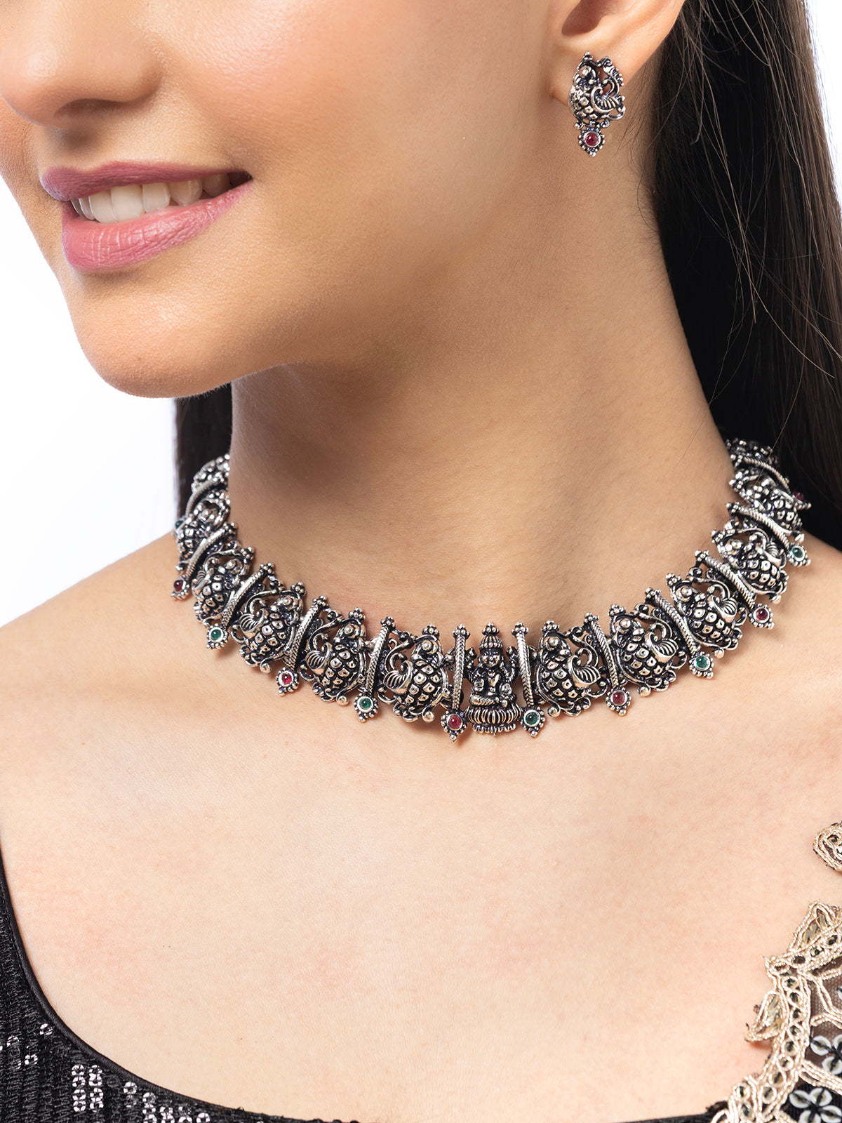 Sukkhi Latest Beautiful Peacock Design With Oxidized Silver Plated Choker Necklace & Studs Earring Jewellery for Women|NS107077