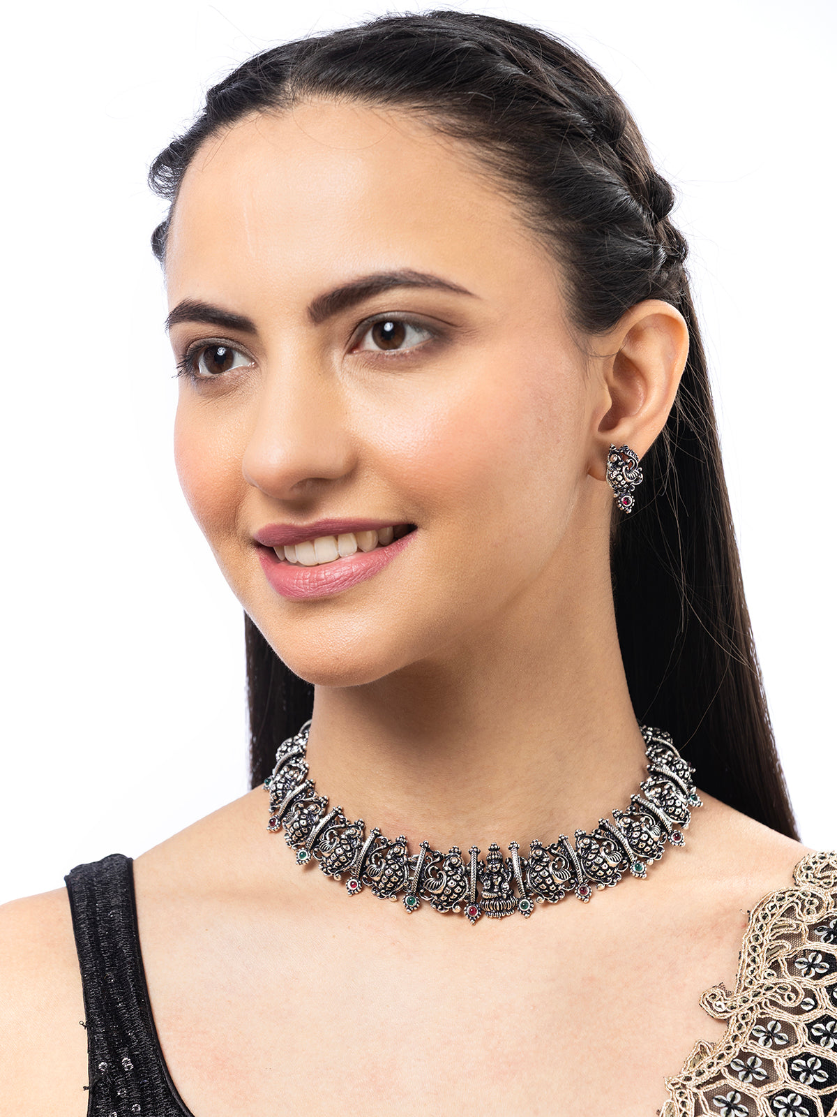 Sukkhi Latest Beautiful Peacock Design With Oxidized Silver Plated Choker Necklace & Studs Earring Jewellery for Women|NS107077
