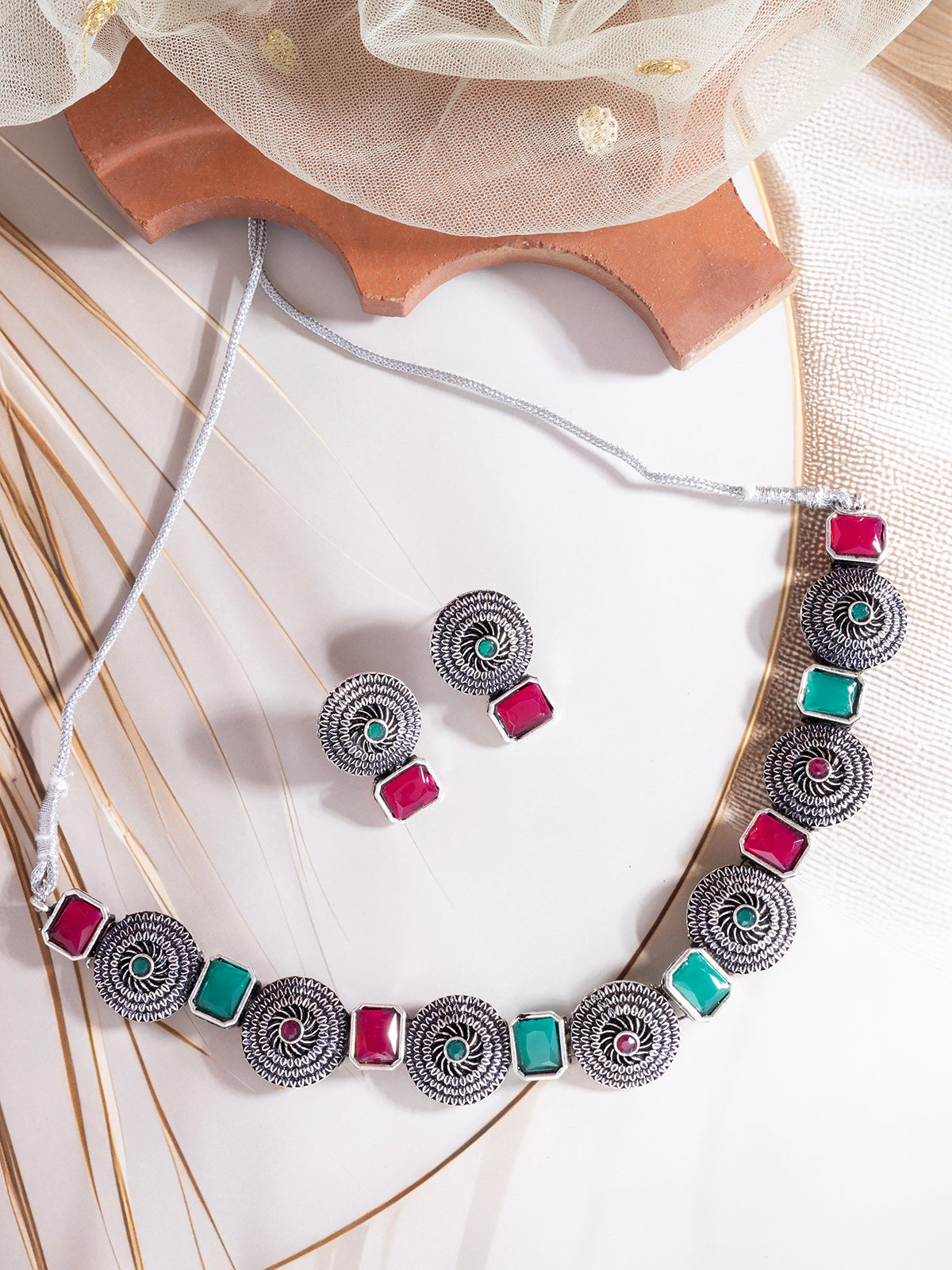 Sukkhi Bewitching Stylish Oxidized Silver Plated Round Shaped Choker Necklace Set With Studs Earring Jewellery For Women & Girls|NS107079