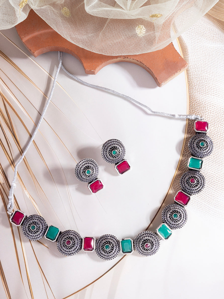 Sukkhi Bewitching Stylish Oxidized Silver Plated Round Shaped Choker Necklace Set With Studs Earring Jewellery For Women & Girls|NS107079