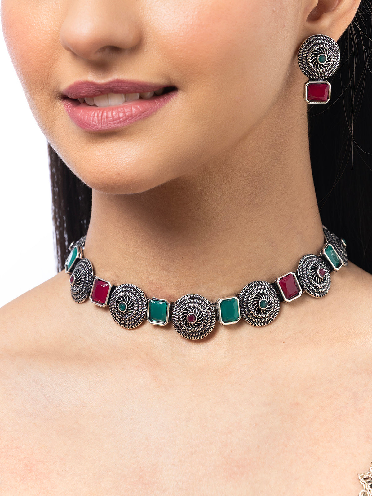 Sukkhi Bewitching Stylish Oxidized Silver Plated Round Shaped Choker Necklace Set With Studs Earring Jewellery For Women & Girls|NS107079