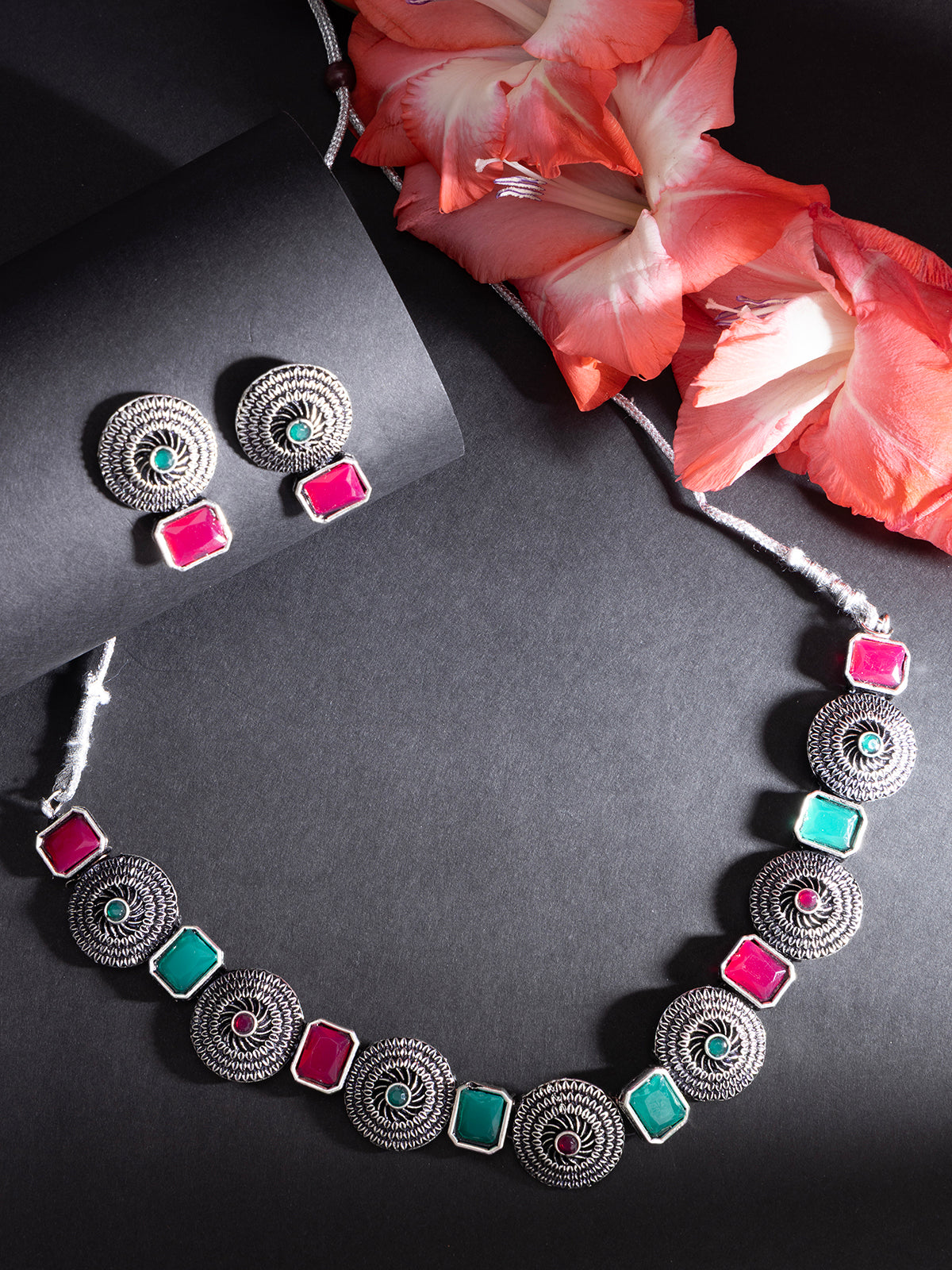 Sukkhi Bewitching Stylish Oxidized Silver Plated Round Shaped Choker Necklace Set With Studs Earring Jewellery For Women & Girls|NS107079