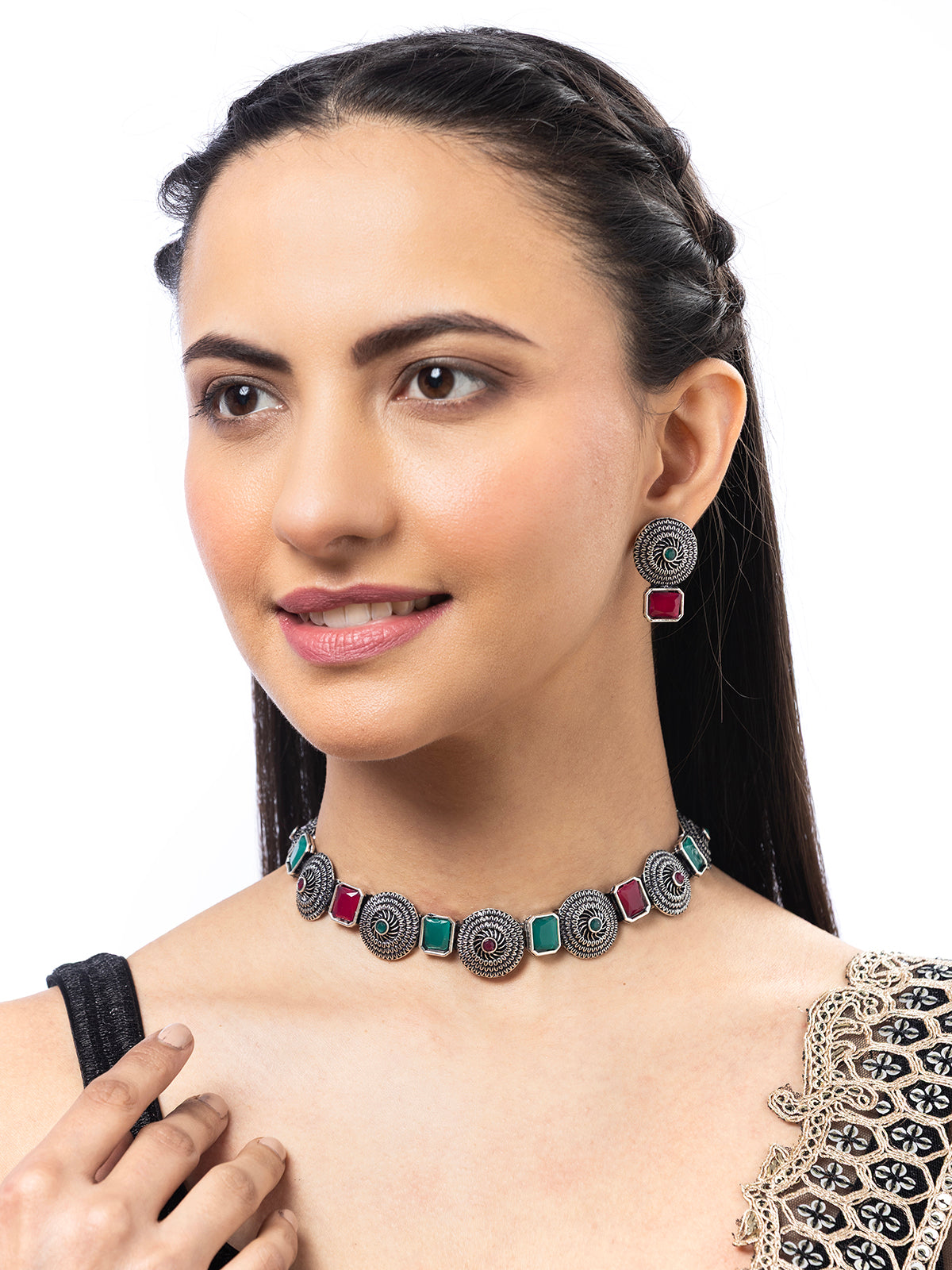 Sukkhi Bewitching Stylish Oxidized Silver Plated Round Shaped Choker Necklace Set With Studs Earring Jewellery For Women & Girls|NS107079