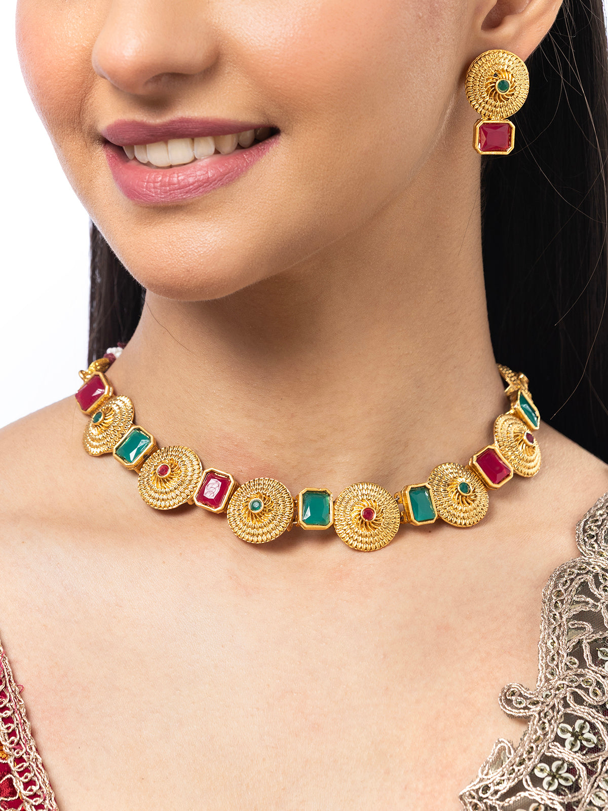 Sukkhi Bewitching Stylish Gold Plated Round Shaped Choker Necklace Set With Studs Earring Jewellery For Women & Girls|NS107080