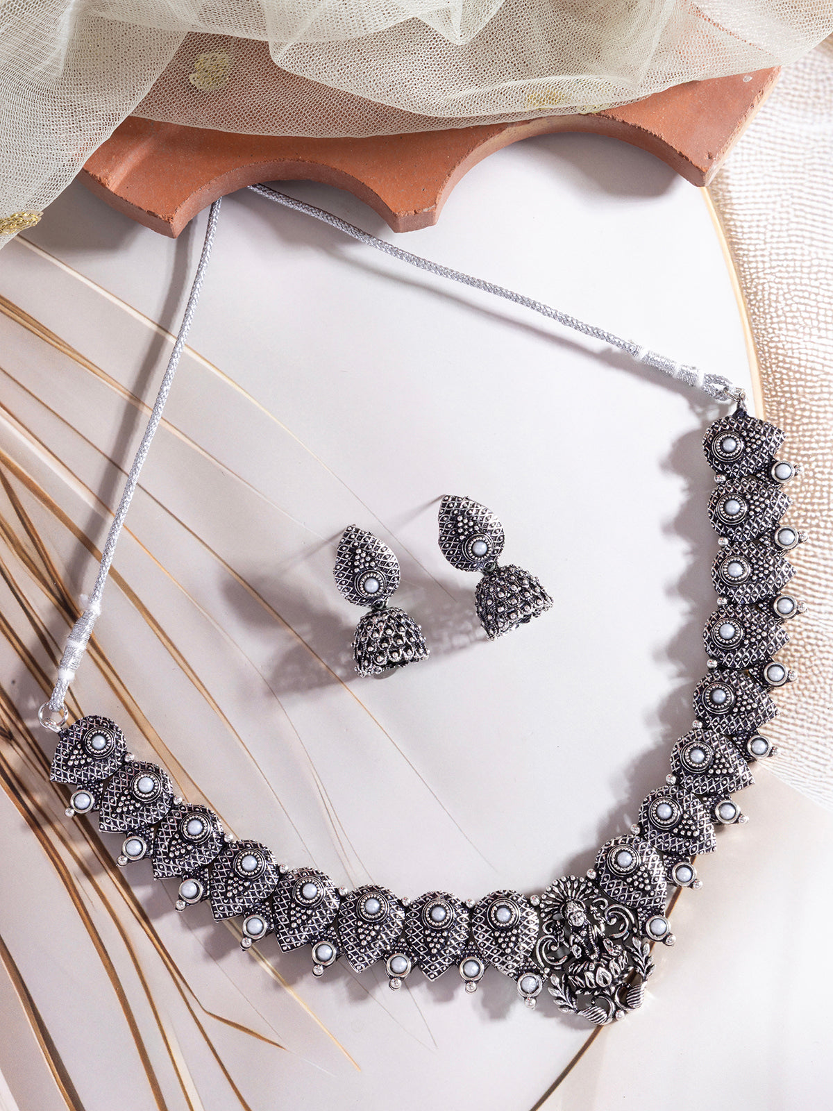 Sukkhi Classical Laxmi Design Silver Oxidised Plated with White Pearl Studded Choker Necklace Set & Jhumka/Jhumki Earring Jewellery Set for Women & Girls|NS107081