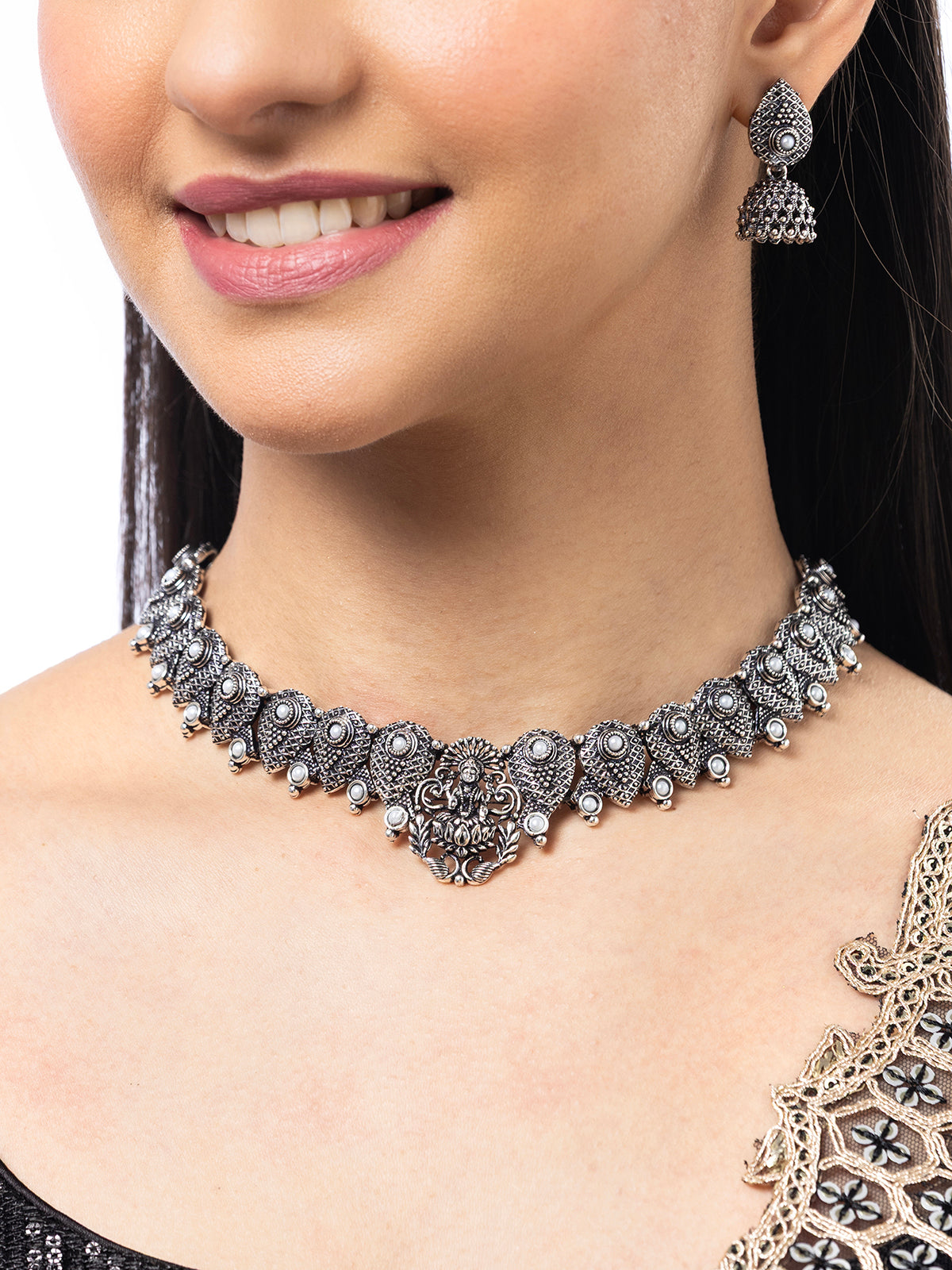 Sukkhi Classical Laxmi Design Silver Oxidised Plated with White Pearl Studded Choker Necklace Set & Jhumka/Jhumki Earring Jewellery Set for Women & Girls|NS107081