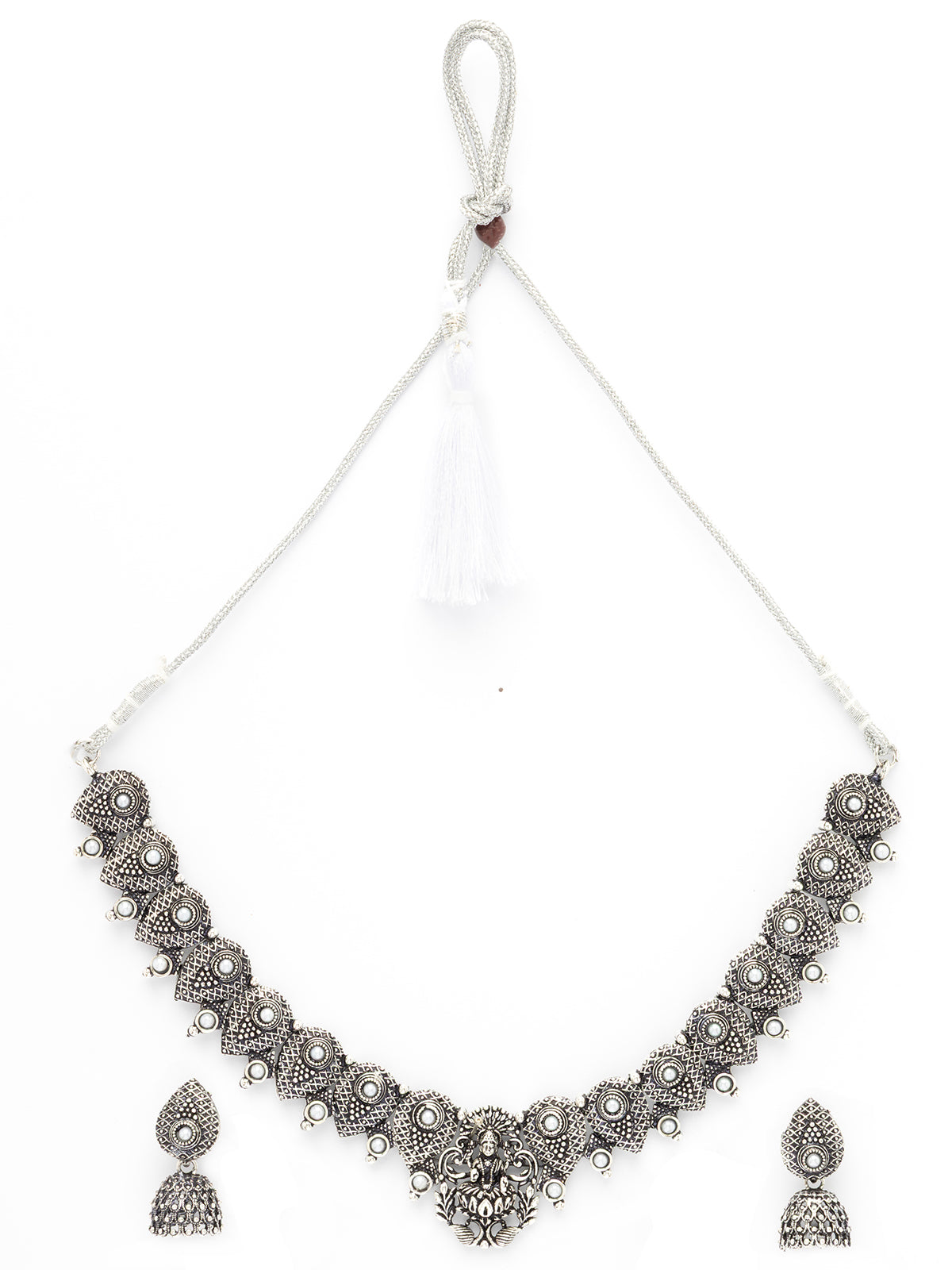 Sukkhi Classical Laxmi Design Silver Oxidised Plated with White Pearl Studded Choker Necklace Set & Jhumka/Jhumki Earring Jewellery Set for Women & Girls|NS107081