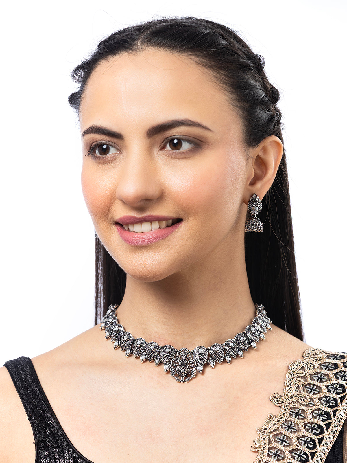 Sukkhi Classical Laxmi Design Silver Oxidised Plated with White Pearl Studded Choker Necklace Set & Jhumka/Jhumki Earring Jewellery Set for Women & Girls|NS107081