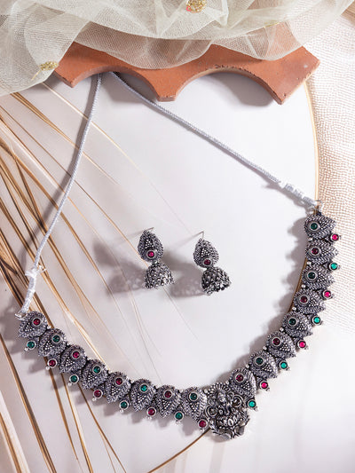 Sukkhi Classical Laxmi Design Silver Oxidised Plated Choker Necklace Set & Jhumka/Jhumki Earring Jewellery Set for Women & Girls|NS107082