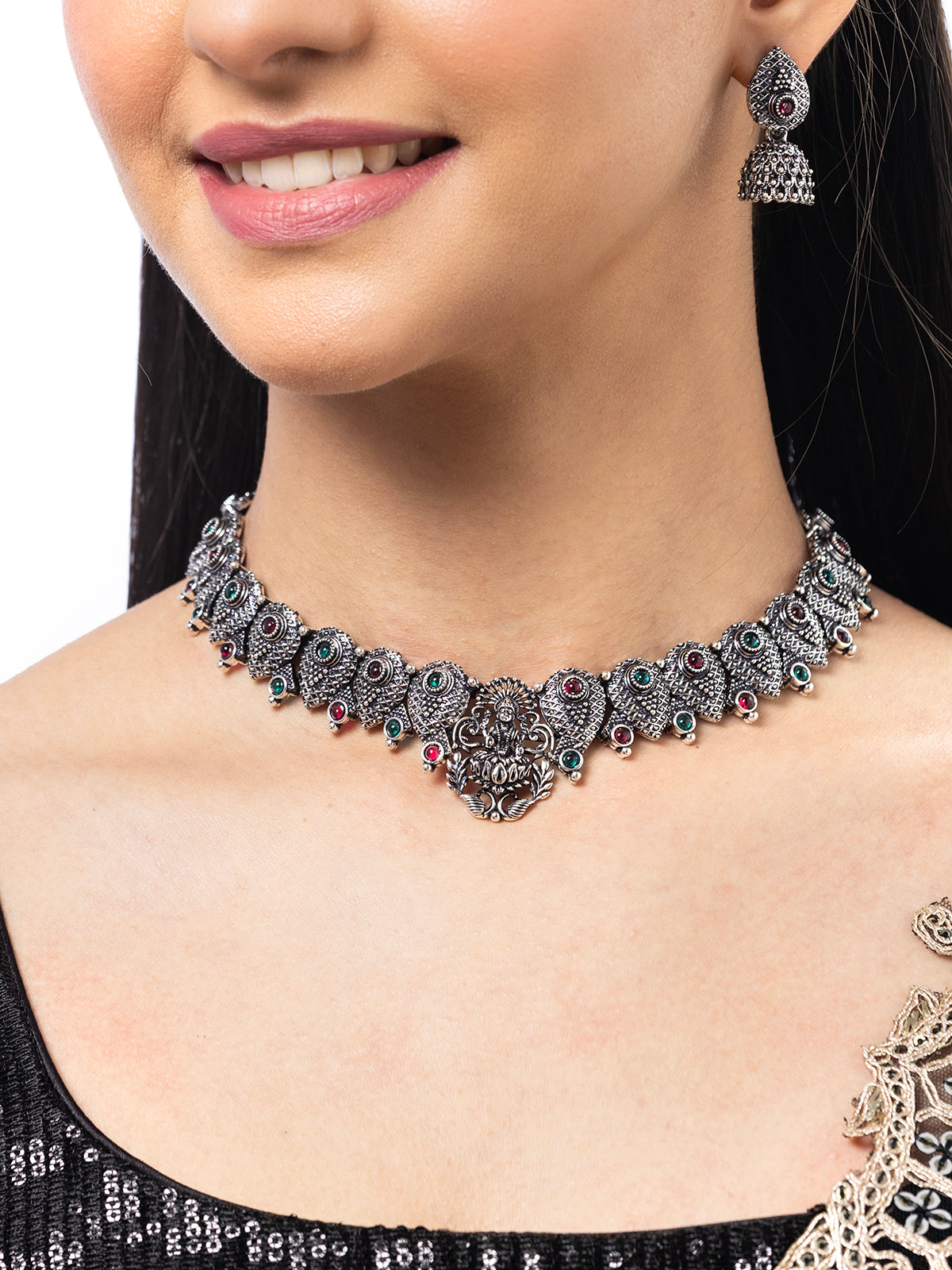 Sukkhi Classical Laxmi Design Silver Oxidised Plated Choker Necklace Set & Jhumka/Jhumki Earring Jewellery Set for Women & Girls|NS107082
