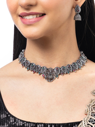 Sukkhi Classical Laxmi Design Silver Oxidised Plated Choker Necklace Set & Jhumka/Jhumki Earring Jewellery Set for Women & Girls|NS107082