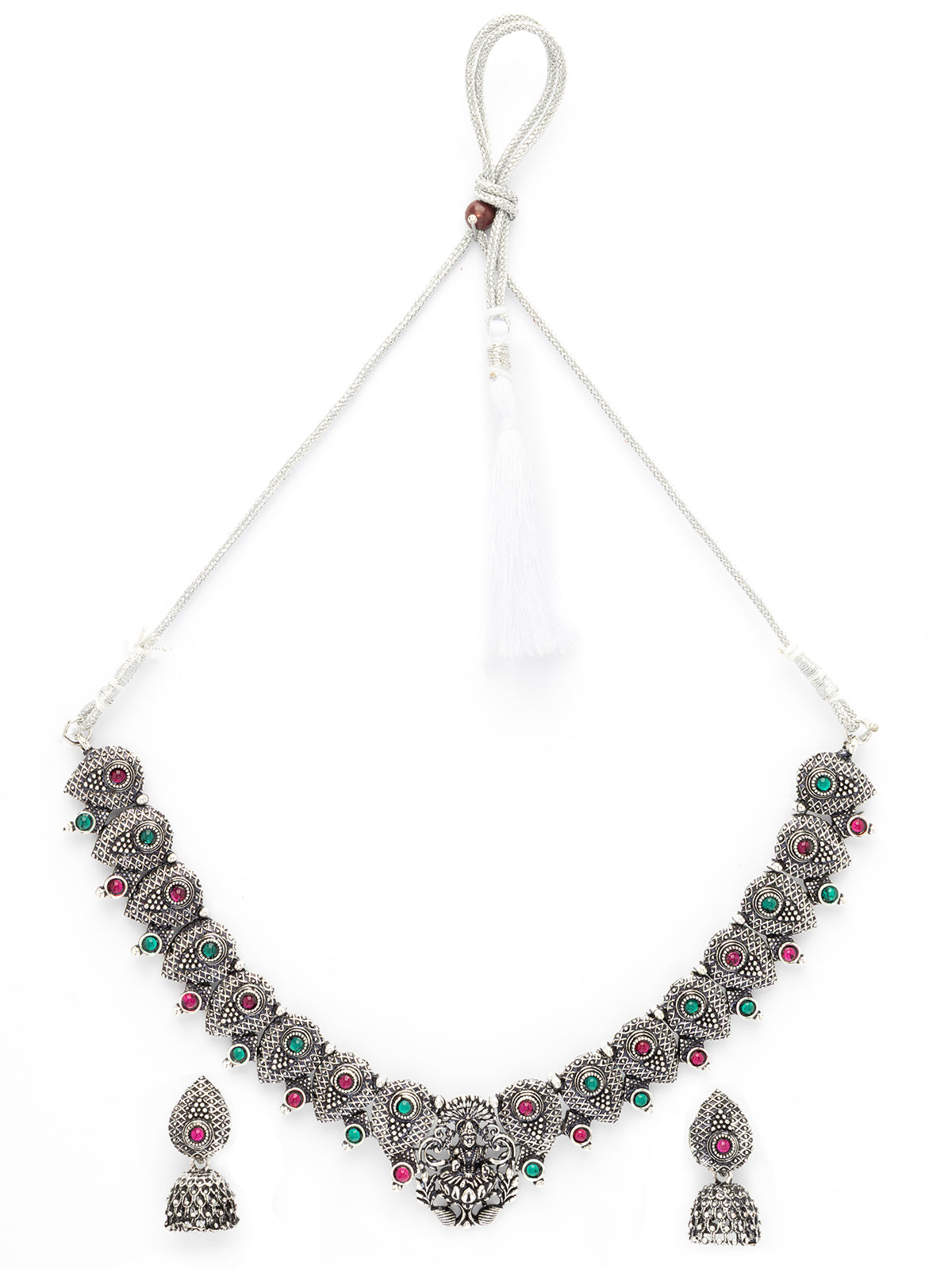 Sukkhi Classical Laxmi Design Silver Oxidised Plated Choker Necklace Set & Jhumka/Jhumki Earring Jewellery Set for Women & Girls|NS107082