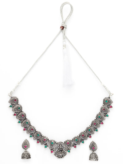 Sukkhi Classical Laxmi Design Silver Oxidised Plated Choker Necklace Set & Jhumka/Jhumki Earring Jewellery Set for Women & Girls|NS107082