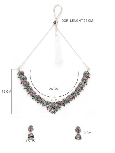 Sukkhi Classical Laxmi Design Silver Oxidised Plated Choker Necklace Set & Jhumka/Jhumki Earring Jewellery Set for Women & Girls|NS107082