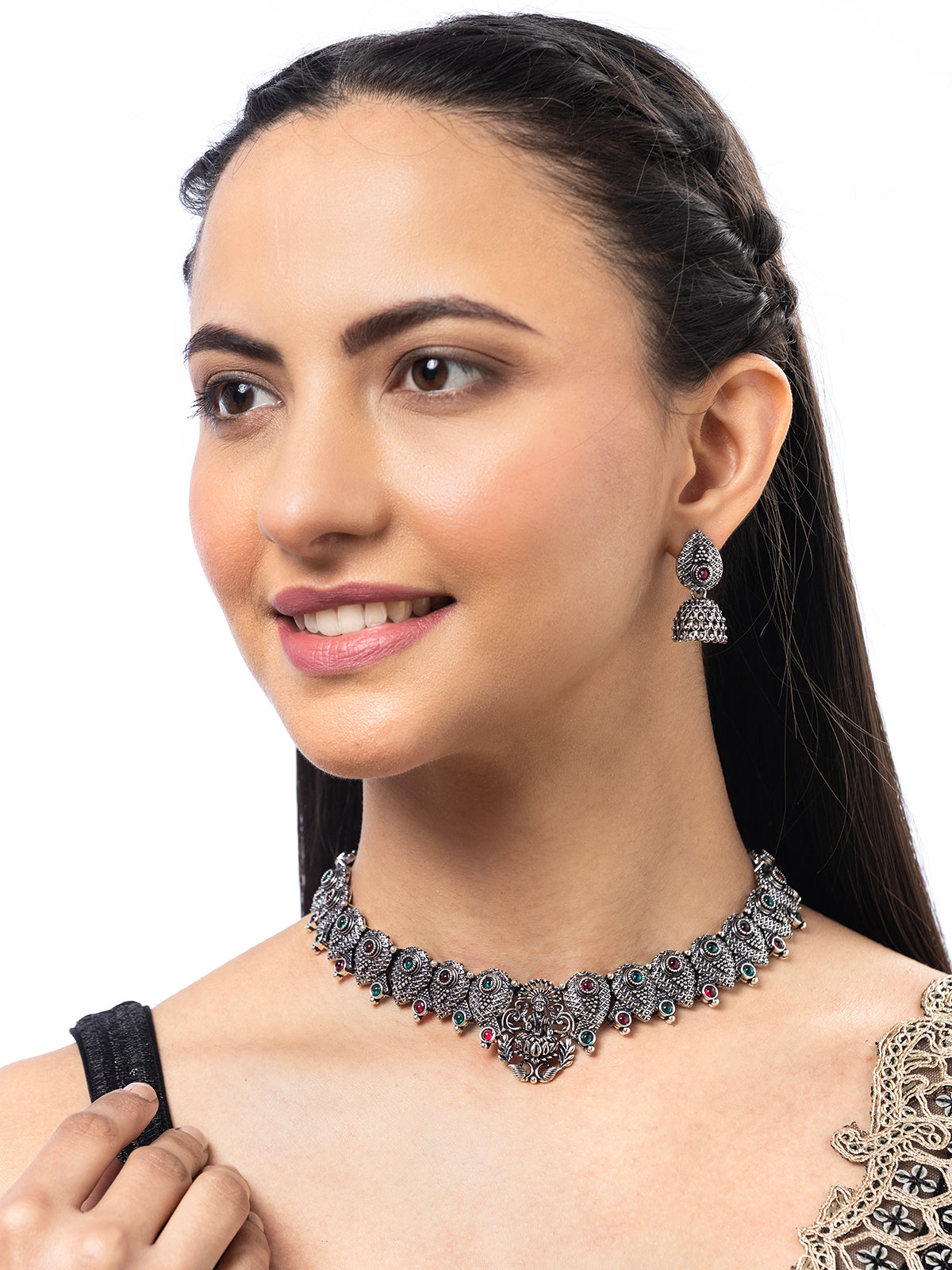 Sukkhi Classical Laxmi Design Silver Oxidised Plated Choker Necklace Set & Jhumka/Jhumki Earring Jewellery Set for Women & Girls|NS107082