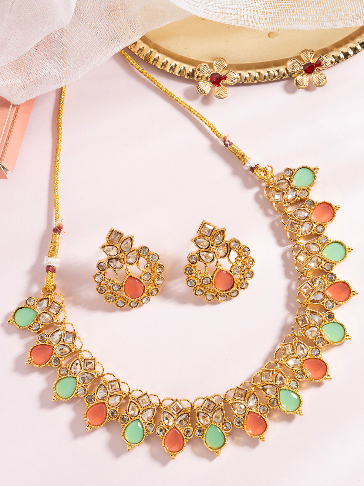 Sukkhi Bewitching Crystal Stone Studded Drop Style Choker Necklace Set with Drop Earring Jewellery for Women|NS107083