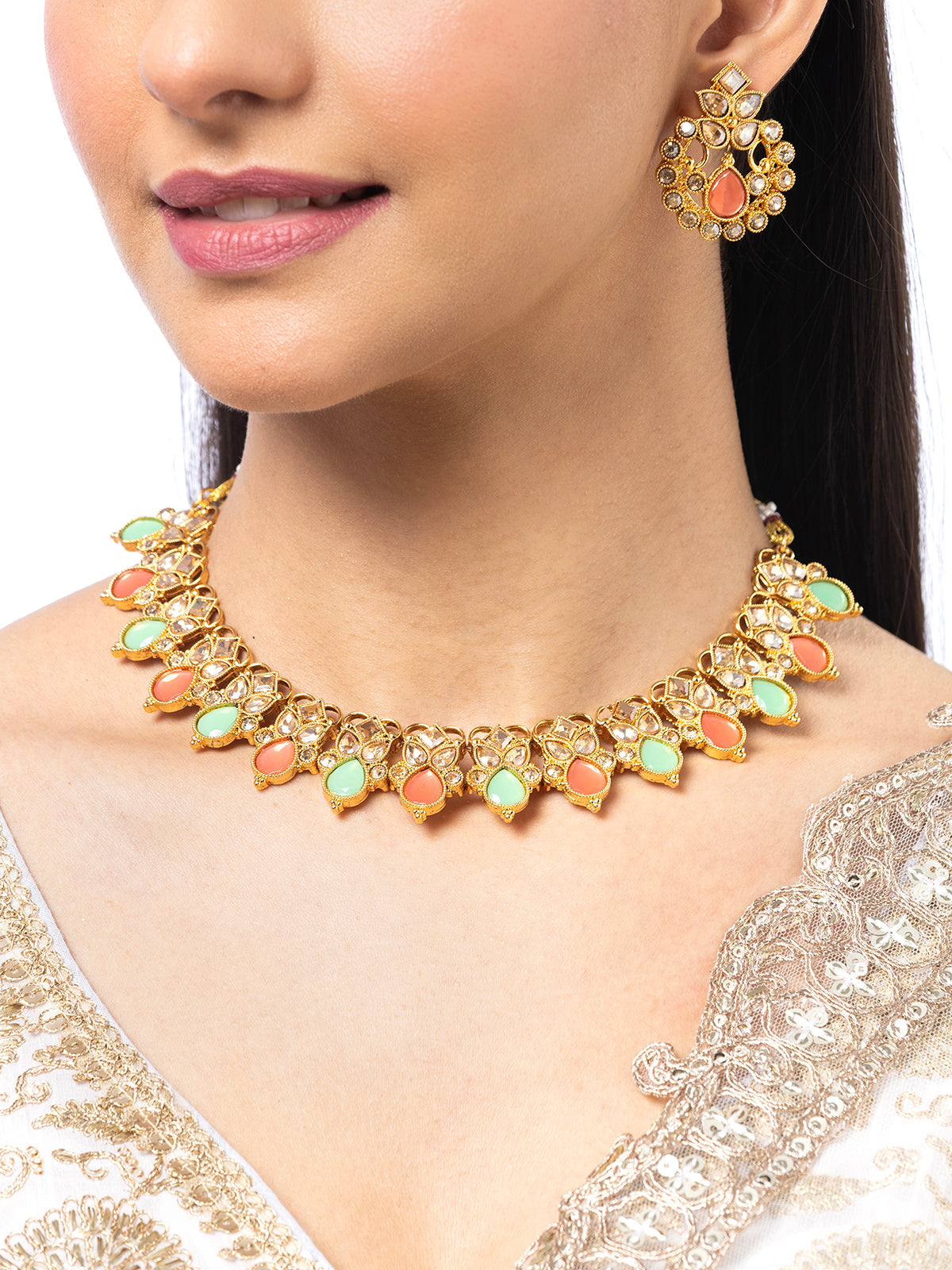 Sukkhi Bewitching Crystal Stone Studded Drop Style Choker Necklace Set with Drop Earring Jewellery for Women|NS107083