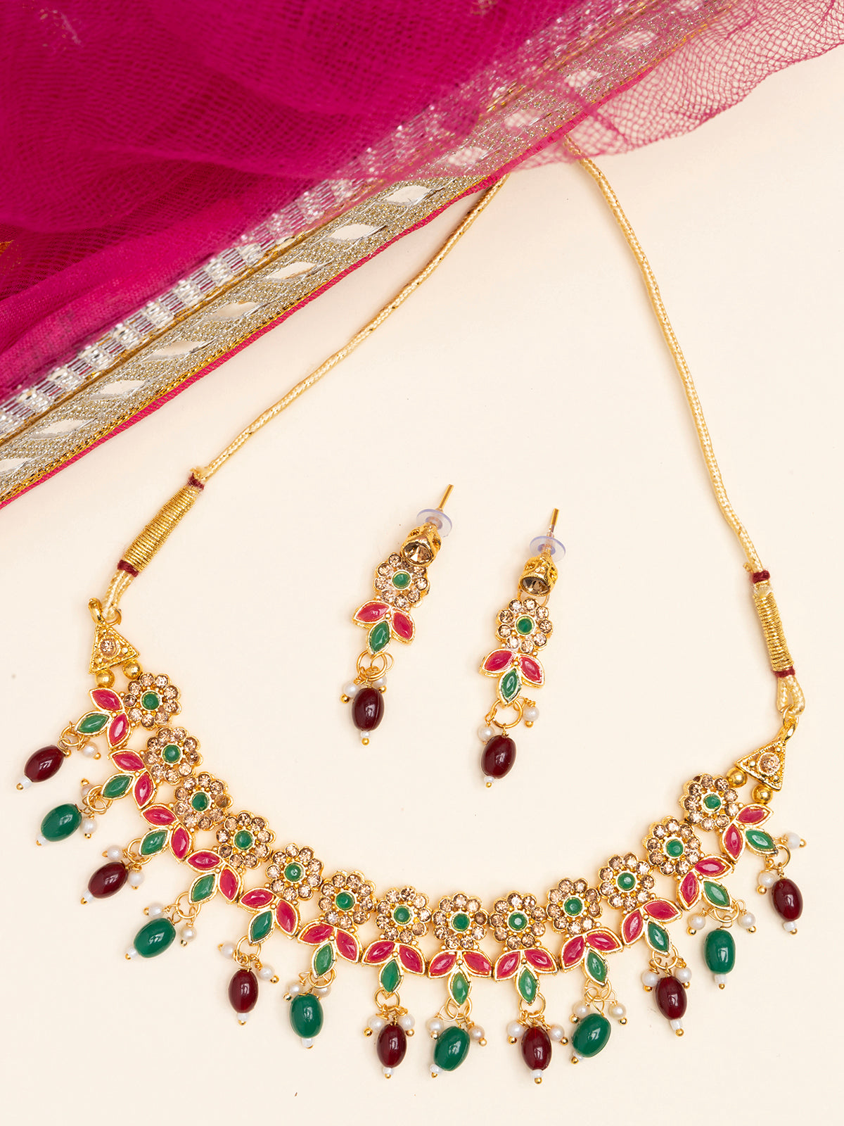 Sukkhi Traditional Floral Style AD Stone Studded Gold Plated Choker Necklace set With Dangle Earring Jewellery For Women & Girls|NS107084