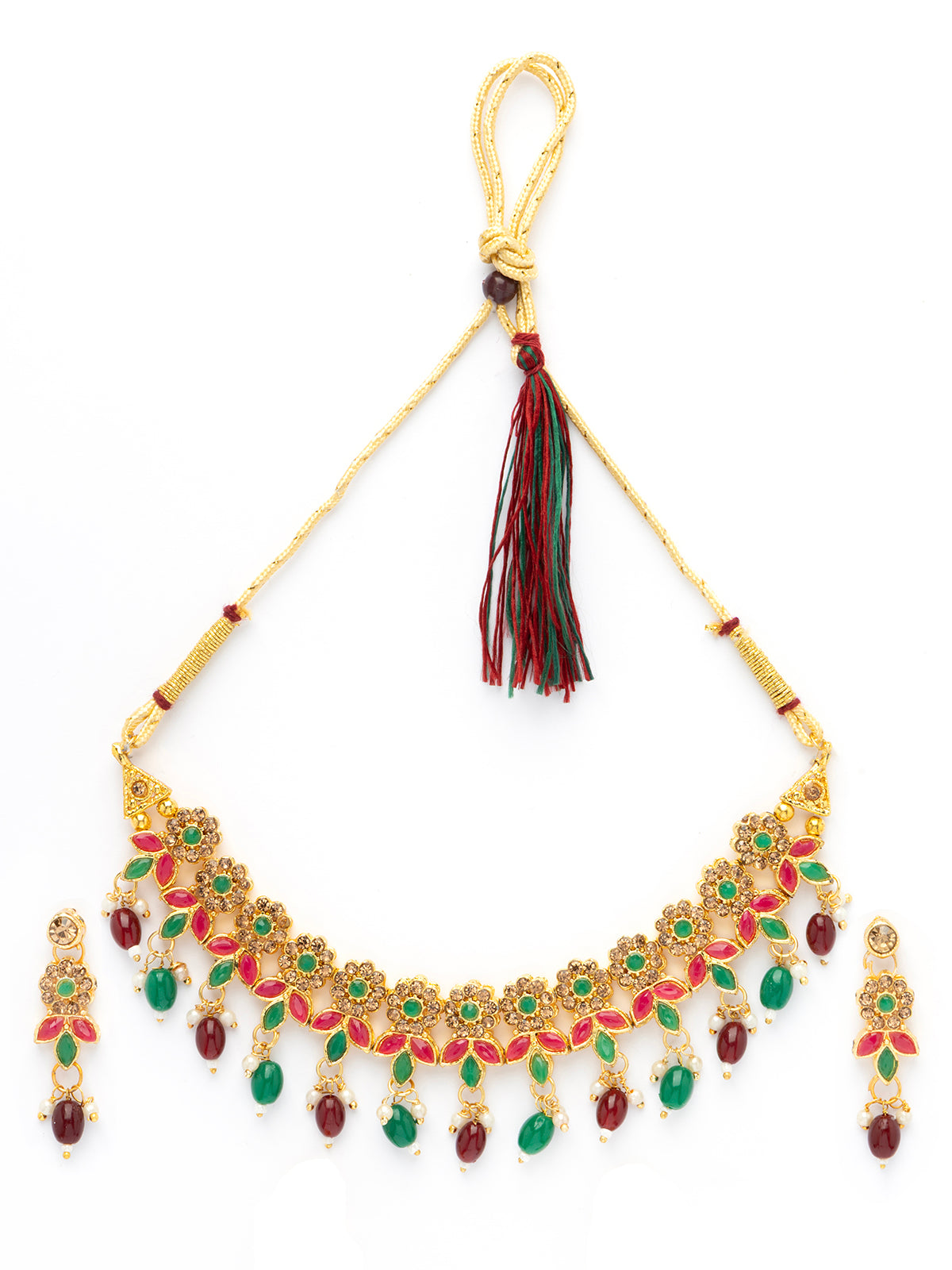 Sukkhi Traditional Floral Style AD Stone Studded Gold Plated Choker Necklace set With Dangle Earring Jewellery For Women & Girls|NS107084