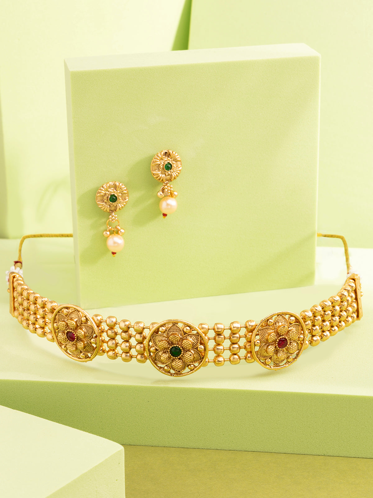 Sukkhi Lavish Gold Plated Floral AD Stone Studded Choker Necklace Set with Drop Earring Jewellery for Women & Girls|NS107086