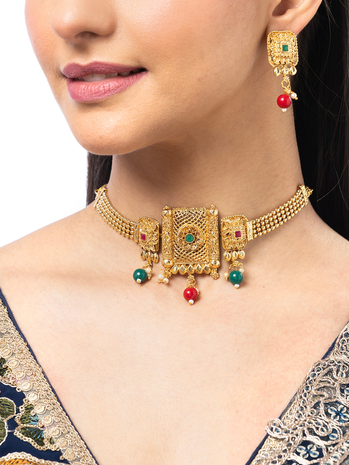 Sukkhi Indian Ethnic Gold Plated Crystal Stones Choker Necklace Set with Drop Earring Jewellery For Women|NS107088