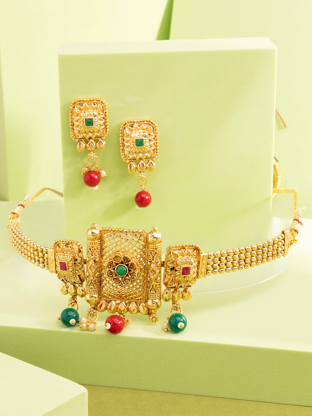 Sukkhi Indian Ethnic Gold Plated Crystal Stones Choker Necklace Set with Drop Earring Jewellery For Women|NS107088