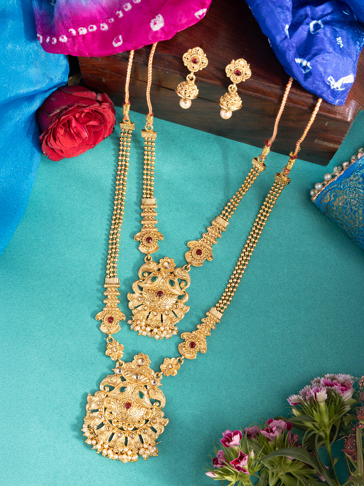 Sukkhi Trendy Fashion Gold Plated Gold with Matte Finish Long Layer Necklace Set & Jhumka/Jhumki Earring Jewellery for Women|NS107090