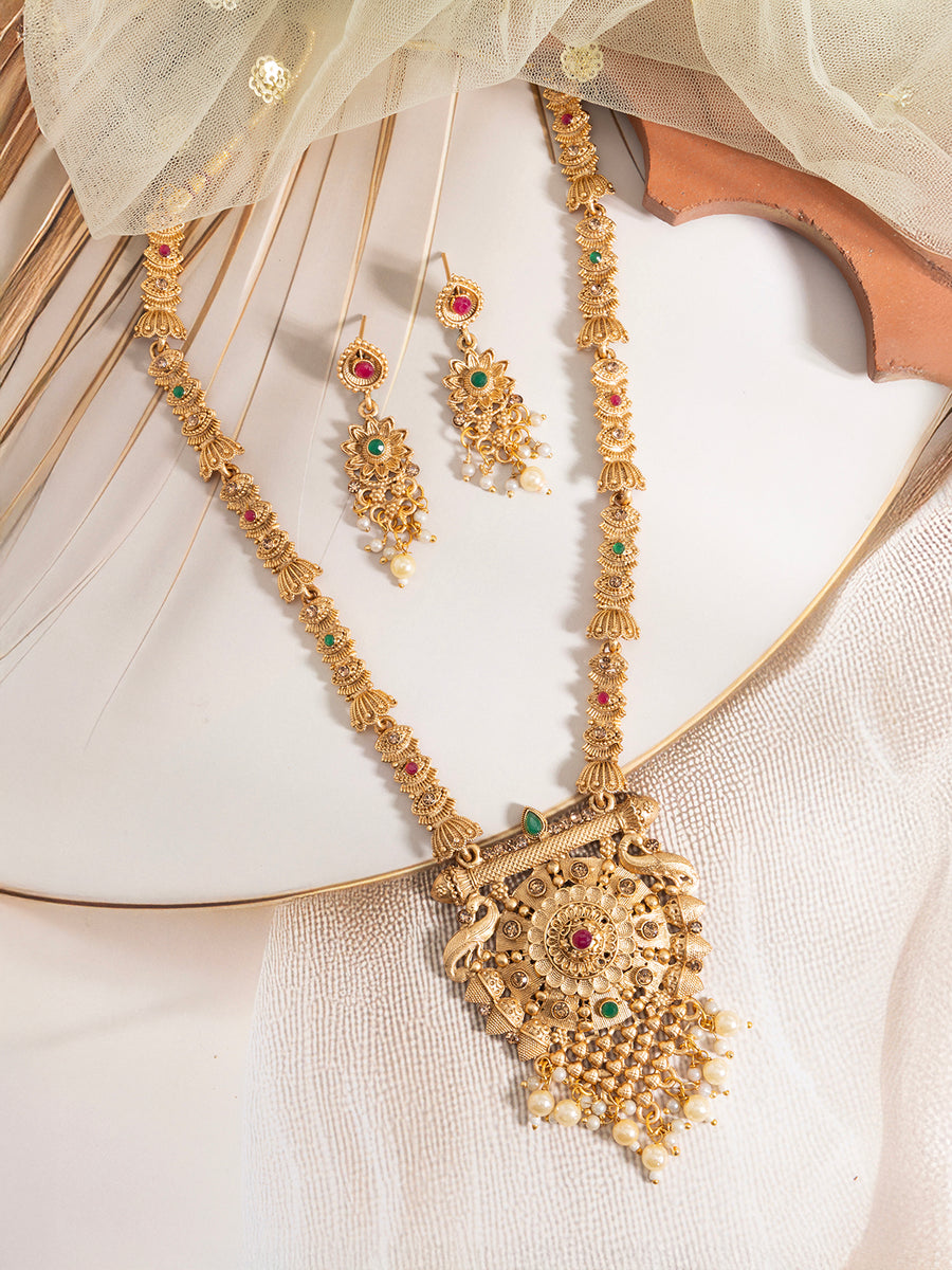 Sukkhi Classic Traditional Gold Plated With Matte Finish Peacock Shaped Long Necklace Set & Jhumka/Jhumki Earring Jewellery For Women|NS107091