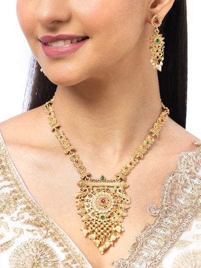 Sukkhi Classic Traditional Gold Plated With Matte Finish Peacock Shaped Long Necklace Set & Jhumka/Jhumki Earring Jewellery For Women|NS107091