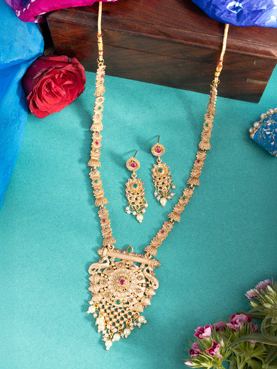 Sukkhi Classic Traditional Gold Plated With Matte Finish Peacock Shaped Long Necklace Set & Jhumka/Jhumki Earring Jewellery For Women|NS107091