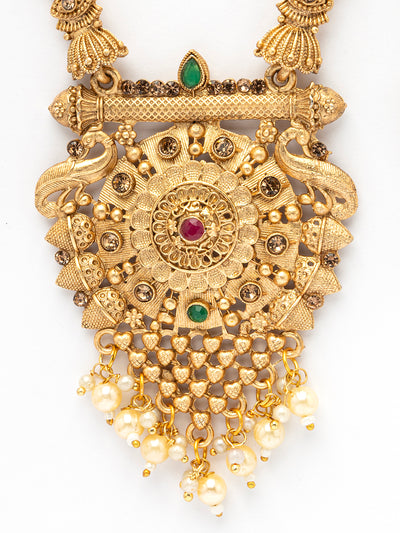 Sukkhi Classic Traditional Gold Plated With Matte Finish Peacock Shaped Long Necklace Set & Jhumka/Jhumki Earring Jewellery For Women|NS107091