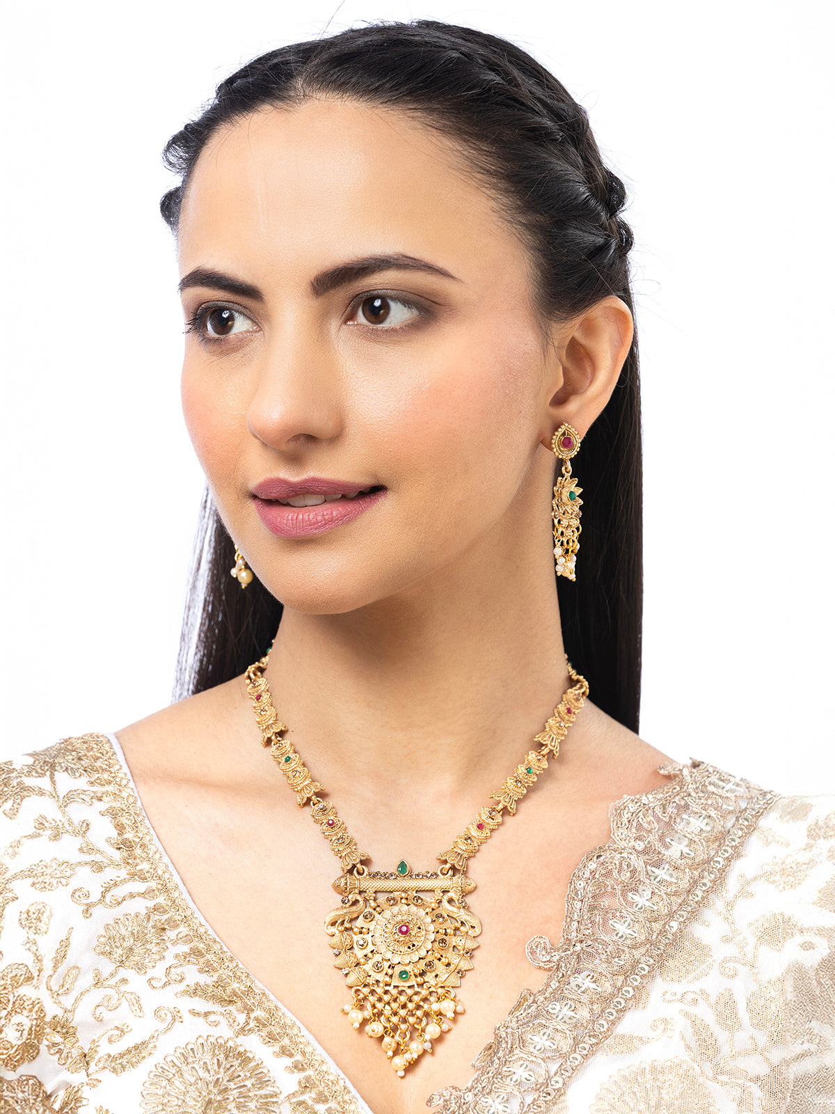 Sukkhi Classic Traditional Gold Plated With Matte Finish Peacock Shaped Long Necklace Set & Jhumka/Jhumki Earring Jewellery For Women|NS107091