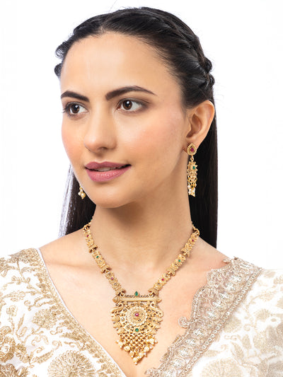 Sukkhi Classic Traditional Gold Plated With Matte Finish Peacock Shaped Long Necklace Set & Jhumka/Jhumki Earring Jewellery For Women|NS107091