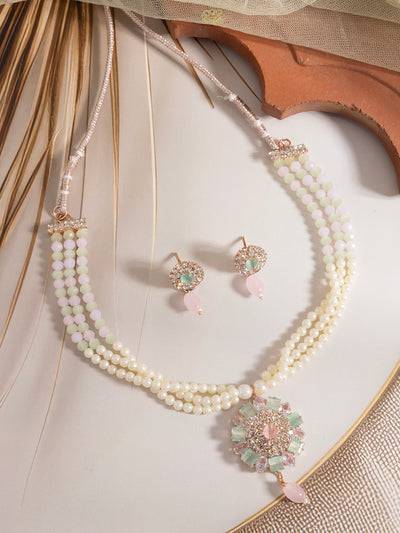 Sukkhi Unique Fashionable AD Stones With Pearl Gold Plated Multistand Necklace Set & Drop Earring Jewellery for Women| NS107093