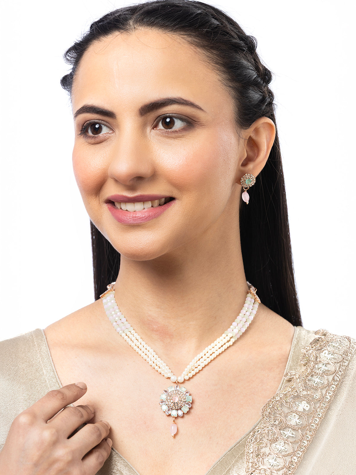 Sukkhi Unique Fashionable AD Stones With Pearl Gold Plated Multistand Necklace Set & Drop Earring Jewellery for Women| NS107093