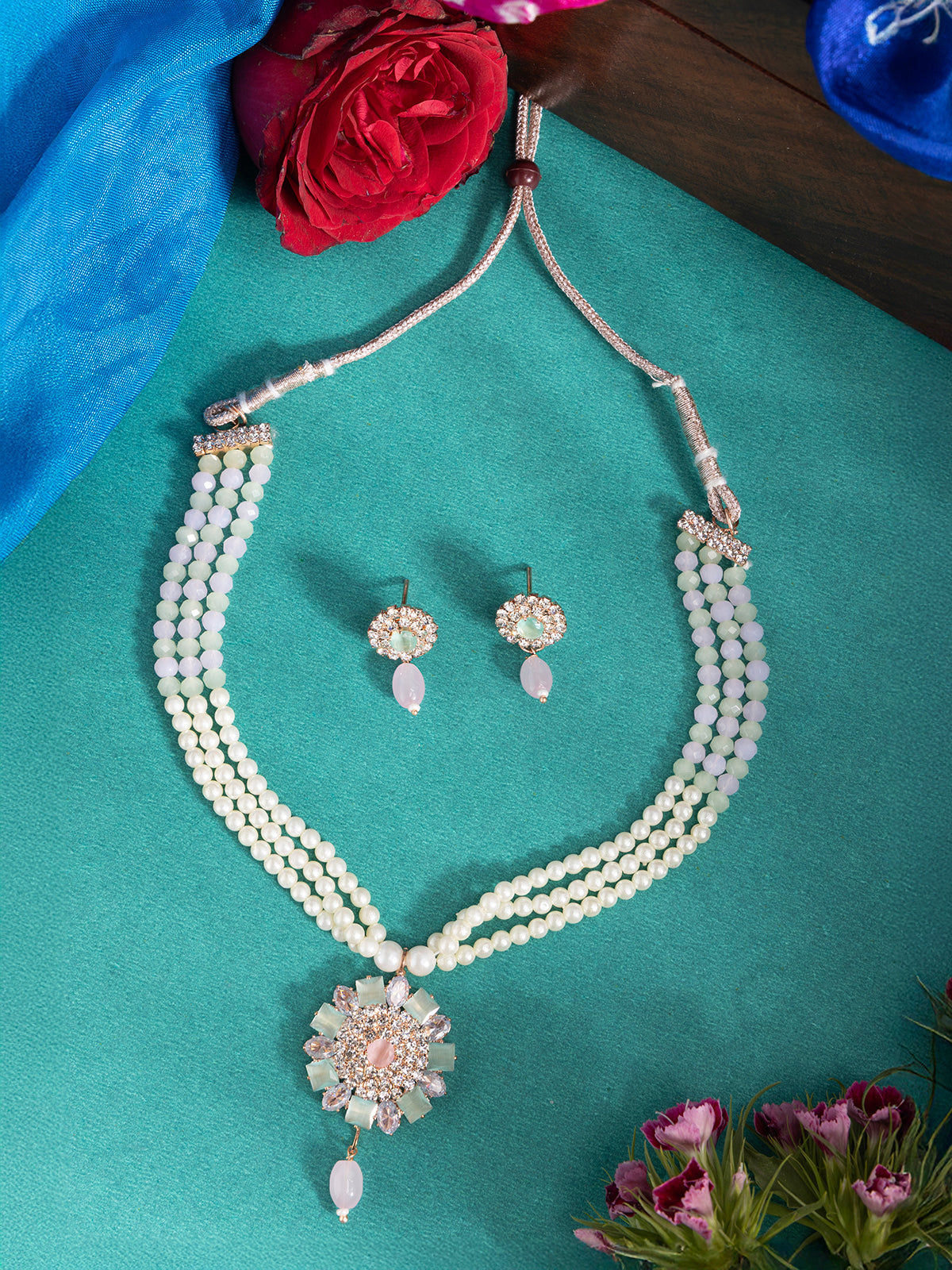 Sukkhi Unique Fashionable AD Stones With Pearl Gold Plated Multistand Necklace Set & Drop Earring Jewellery for Women| NS107093